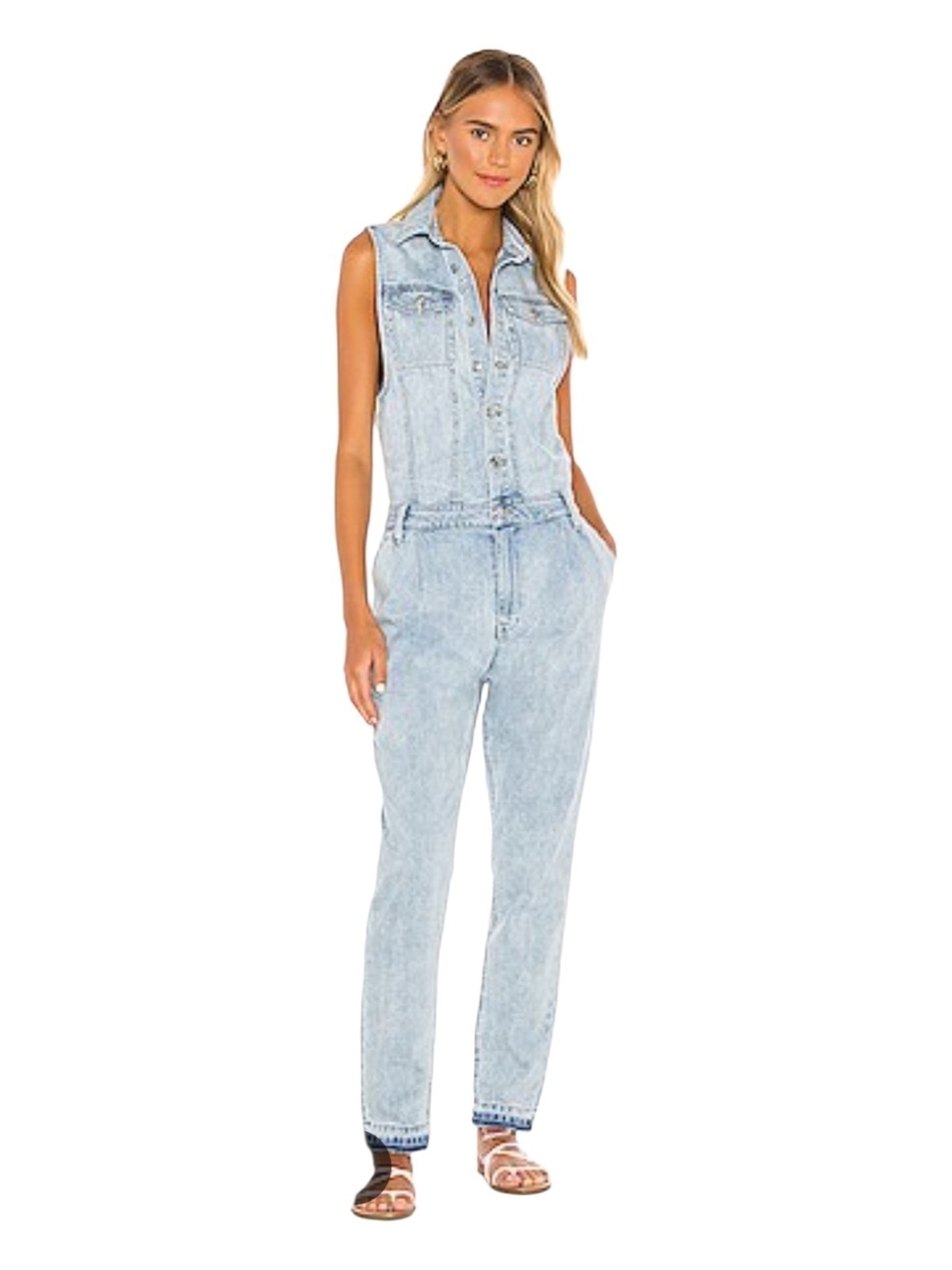 Free People- We The Free Light Blue Sleeveless Denim Jumpsuit Sz L